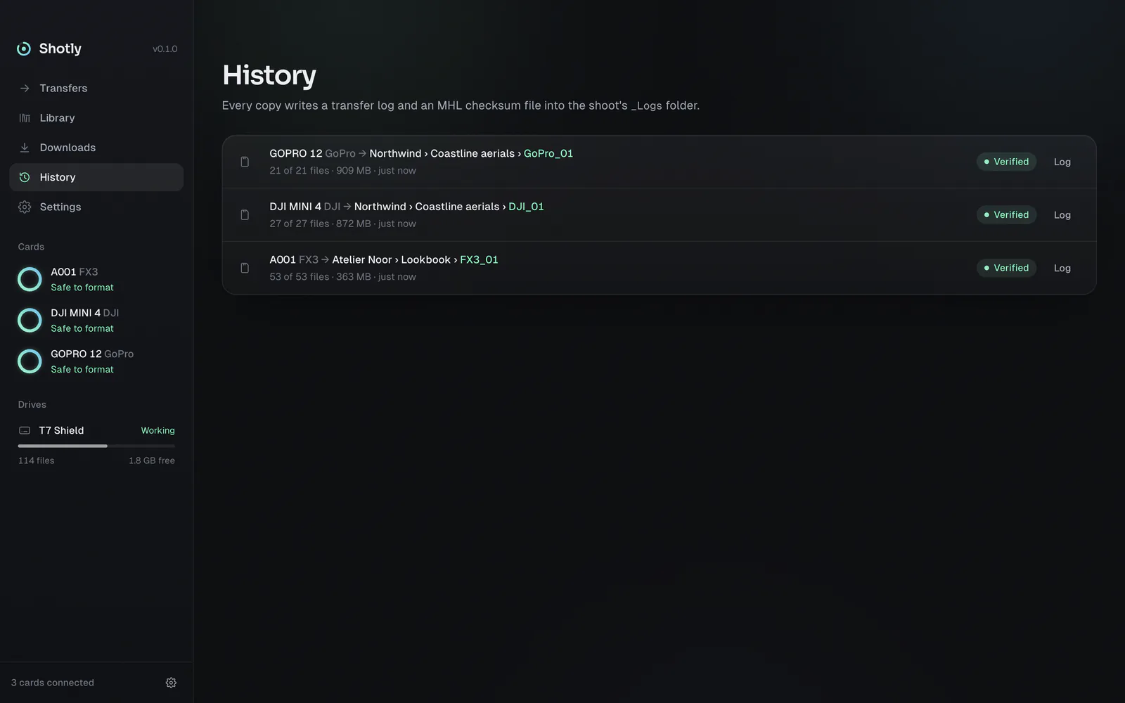 History of three verified transfers, each with a log.