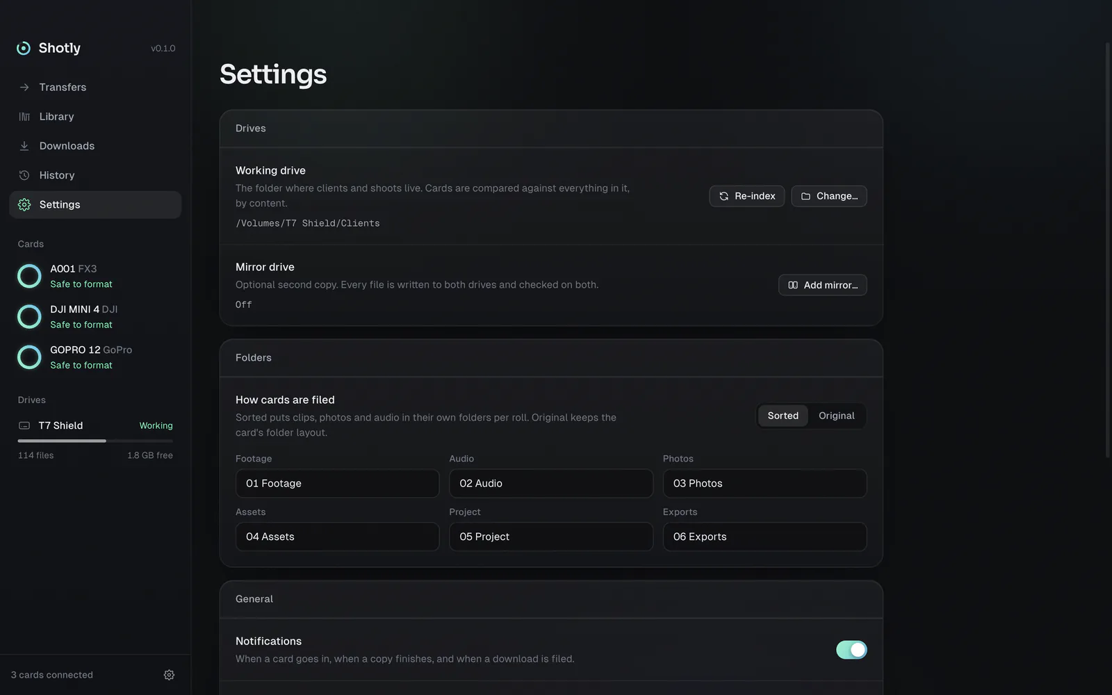 Settings: the working drive, an optional mirror drive, and the folder names used in every shoot.